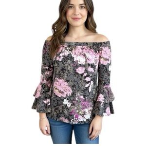INC Floral Grey Black & Pink Off-Shoulder Double Bell Sleeve Top Size Medium